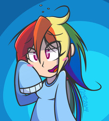 Size: 1543x1715 | Tagged: safe, artist:dahhez, rainbow dash, human, g4, blushing, clothes, female, humanized, solo, sweater