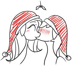 Size: 928x861 | Tagged: safe, artist:missitofu, fluttershy, rainbow dash, pony, g4, christmas, duo, female, hat, holiday, holly, holly mistaken for mistletoe, kiss on the lips, kissing, lesbian, santa hat, ship:flutterdash, shipping