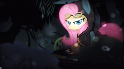 Size: 2560x1440 | Tagged: safe, artist:godoffury, artist:karl97, fluttershy, pegasus, pony, g4, bunny ears, dangerous mission outfit, dark, female, looking at you, mare, solo, vector, wallpaper