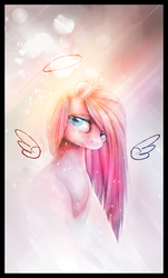 Size: 897x1490 | Tagged: safe, artist:ventious, pinkie pie, earth pony, pony, g4, bubble, bust, female, halo, lens flare, pinkamena diane pie, portrait, smiling, solo, wings