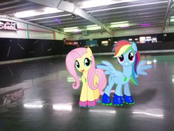 Size: 2048x1536 | Tagged: safe, artist:stabzor, artist:theshadowstone, artist:tokkazutara1164, edit, fluttershy, rainbow dash, human, g4, game, irl, lights, photo, ponies in real life, roller rink, roller skates, skates, vector