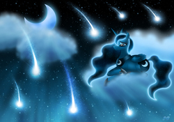 Size: 2589x1811 | Tagged: safe, artist:rose-beuty, princess luna, alicorn, pony, g4, cloud, cloudy, female, mare, moon, night, prone, shooting stars, solo
