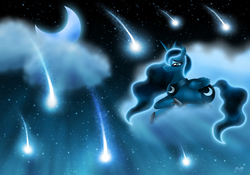 Size: 2589x1811 | Tagged: safe, artist:rose-beuty, princess luna, alicorn, pony, g4, cloud, cloudy, female, mare, moon, night, prone, shooting star, solo