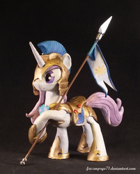 Size: 800x995 | Tagged: safe, artist:frozenpyro71, fleur-de-lis, pony, unicorn, g4, armor, body armor, concave belly, craft, female, figurine, guardsmare, helmet, hoof shoes, leg hold, mare, peytral, princess shoes, royal guard, sculpture, smiling, solo, spear
