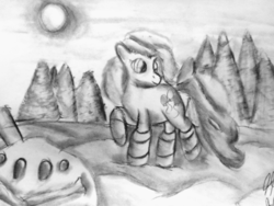 Size: 1920x1440 | Tagged: safe, artist:heromewtwo, pinkie pie, vanillite, g4, charcoal (medium), clothes, crossover, female, fir tree, forest, ice, monochrome, pokémon, snow, socks, solo, traditional art, winter
