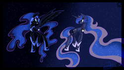 Size: 3264x1836 | Tagged: safe, artist:lunarskystorm, nightmare moon, princess luna, g4, duality, grin, raised hoof, spread wings