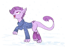 Size: 1142x850 | Tagged: safe, artist:carnifex, oc, oc only, oc:lavender, dracony, hybrid, clothes, interspecies offspring, leg warmers, looking up, offspring, open mouth, parent:rarity, parent:spike, parents:sparity, simple background, smiling, snow, snowfall, solo, sweater, tongue out, walking, white background