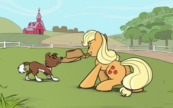 Size: 1920x1200 | Tagged: safe, artist:sirvalter, applejack, winona, dog, earth pony, pony, g4, butt, female, mare, mouth hold, plot, solo, tug of war