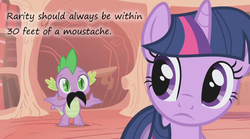 Size: 1150x640 | Tagged: safe, edit, edited screencap, screencap, spike, twilight sparkle, boast busters, g4, duo, implied rarity, insane pony thread, moustache, text