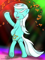 Size: 1500x2000 | Tagged: safe, artist:halflingpony, lyra heartstrings, pony, unicorn, g4, bipedal, dancing, female, music notes, smiling, solo, waving