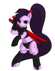 Size: 735x945 | Tagged: safe, artist:kloudmutt, oc, oc only, earth pony, pony, belly button, bipedal, clothes, female, mare, midriff, ninja, ninjato, pony tails, simple background, solo, white background