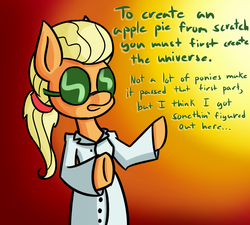 Size: 1000x900 | Tagged: safe, artist:heir-of-rick, applejack, earth pony, semi-anthro, daily apple pony, g4, alternate hairstyle, carl sagan, clothes, female, goggles, lab coat, science, solo, text