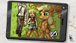 Size: 1100x619 | Tagged: safe, artist:theartrix, applejack, oc, oc:anon, oc:cinnamon cider, human, satyr, g4, cover art, daughter, fanfic, father, mother, offspring, parent:applejack, phone