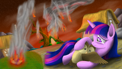 Size: 3840x2160 | Tagged: safe, artist:the1xeno1, owlowiscious, twilight sparkle, pony, g4, twilight's kingdom, crying, destroyed, duo, golden oaks library, high res, scene interpretation