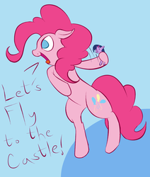 Size: 2200x2600 | Tagged: safe, artist:lyricjam, pinkie pie, twilight sparkle, pony, g4, bipedal, doll, female, floppy ears, funny, high res, hoof hold, let's fly to the castle, open mouth, silly, smiling, solo, throwing, toy, yelling