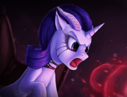 Size: 1000x760 | Tagged: safe, artist:gikat, rarity, g4, angry, bat wings, dota 2, floppy ears, frown, glare, horn, makeup, nose wrinkle, open mouth, queen of pain, running makeup, screaming, spread wings, tricorn