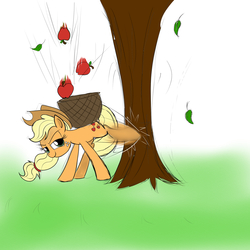 Size: 2400x2400 | Tagged: safe, artist:frikdikulous, applejack, g4, apple, applebucking, applejack mid tree-buck facing the left with 3 apples falling down, applejack mid tree-buck with 3 apples falling down, female, high res, solo