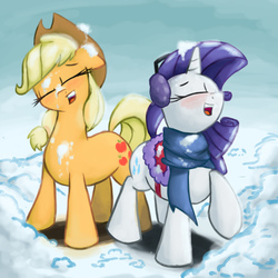 Size: 2000x2000 | Tagged: safe, artist:impcjcaesar, applejack, rarity, g4, clothes, high res, scarf, snow, winter