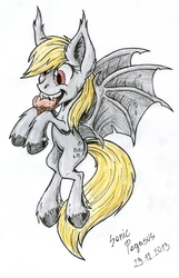 Size: 600x932 | Tagged: safe, artist:sonicpegasus, derpy hooves, bat pony, pony, g4, female, muffin, red eyes, solo