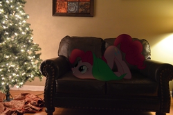 Size: 2464x1632 | Tagged: safe, artist:oppositebros, pinkie pie, g4, blanket, christmas tree, couch, irl, photo, ponies in real life, solo, tree