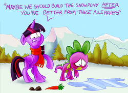 Size: 678x495 | Tagged: safe, artist:nukilik, spike, twilight sparkle, alicorn, dragon, pony, g4, allergies, clothes, duo, duo male and female, female, male, mare, scarf, twilight sparkle (alicorn)