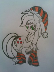 Size: 450x600 | Tagged: safe, artist:zigragirl, applejack, earth pony, pony, g4, clothes, female, hat, mare, pencil drawing, santa hat, socks, solo, striped socks, traditional art