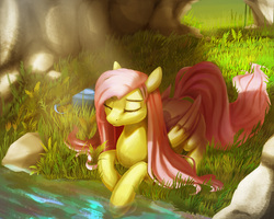 Size: 2500x2000 | Tagged: safe, artist:santagiera, fluttershy, pegasus, pony, g4, crepuscular rays, eyes closed, female, forest, grass, high res, long mane, mane, mare, nature, outdoors, prone, resting, river, rock, solo, sunlight, water