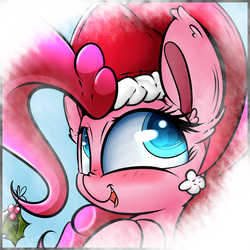 Size: 1280x1280 | Tagged: safe, artist:madacon, pinkie pie, earth pony, pony, g4, bust, female, hat, holly, mare, portrait, santa hat, solo