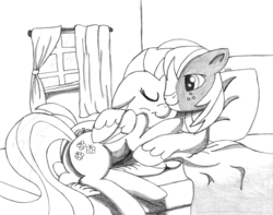 Size: 3800x3000 | Tagged: safe, artist:mark-terron, big macintosh, fluttershy, earth pony, pony, g4, bed, butt, high res, male, monochrome, plot, ship:fluttermac, shipping, snuggling, stallion, straight, traditional art