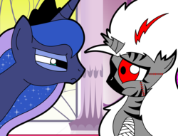 Size: 6584x5032 | Tagged: safe, artist:comic-graffiti, princess luna, oc, alicorn, pony, zebracorn, g4, absurd resolution, bandage, broken horn, concentrating, horn, red and black oc, squint, stitches