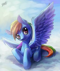 Size: 864x1024 | Tagged: safe, artist:lolperson99, rainbow dash, g4, cloud, cloudy, female, prone, solo, spread wings