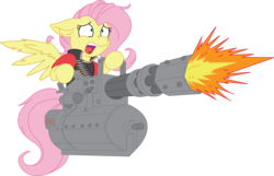 Size: 3640x2339 | Tagged: safe, artist:fluttershy750, artist:joey darkmeat, fluttershy, pony, g4, female, floppy ears, gun, heavy (tf2), high res, open mouth, simple background, solo, team fortress 2, transparent background