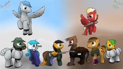 Size: 1280x716 | Tagged: safe, artist:the-furry-railfan, oc, oc only, oc:featherweight, oc:minty candy, oc:moral fringe, oc:twintails, earth pony, griffon, pegasus, pony, unicorn, fallout equestria, fallout equestria: merchants of hope, fallout equestria: occupational hazards, anti-materiel rifle, armor, b.a.r., cannon, gauss rifle, gun, power armor, rifle, steel ranger, weapon