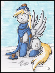 Size: 1601x2102 | Tagged: safe, artist:stormblaze-pegasus, derpy hooves, pegasus, pony, g4, boots, clothes, eyes closed, female, hat, mare, newbie artist training grounds, scarf, sitting, smiling, snow, solo, traditional art