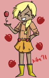 Size: 400x637 | Tagged: safe, artist:maareep, applejack, human, g4, apple, clothes, dark skin, female, galoshes, grin, humanized, rain boots, rubber boots, simple background, skirt, solo, wellies