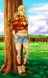 Size: 1024x1678 | Tagged: safe, artist:redblacktac, applejack, human, g4, bandaid, boots, carving, clothes, colored sketch, female, forest, humanized, neckerchief, scenery, solo, sweet apple acres, tree
