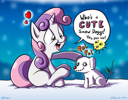 Size: 1280x1000 | Tagged: safe, artist:tobibrocki, sweetie belle, dog, g4, cute, diasweetes, female, heart, laughing, open mouth, sitting, smiling, snow, snowfall, snowman, solo