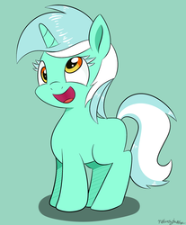 Size: 1944x2347 | Tagged: safe, artist:notenoughapples, lyra heartstrings, pony, unicorn, g4, blank flank, derp, female, filly, green background, silly, silly pony, simple background, smiling, solo, younger