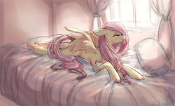 Size: 1548x935 | Tagged: safe, artist:ange4l, fluttershy, g4, bed, cute, eyes closed, female, floppy ears, happy, morning, prone, smiling, solo, spread wings, stretching, underhoof, window