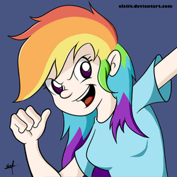 Size: 2952x2952 | Tagged: safe, artist:vesmirart, rainbow dash, human, g4, blue background, clothes, female, high res, humanized, looking at you, shirt, simple background, solo