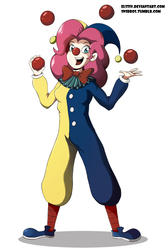 Size: 1062x1593 | Tagged: safe, artist:elstiv, pinkie pie, human, clown, clown nose, cute, female, humanized, jester, jester pie, juggling, red nose, solo