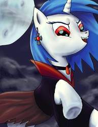 Size: 1275x1650 | Tagged: safe, artist:fox-moonglow, dj pon-3, vinyl scratch, pony, unicorn, vampire, g4, clothes, dress, fangs, female, hooves, horn, mare, moon, night, open mouth, solo