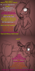 Size: 575x1166 | Tagged: safe, artist:lil miss jay, applejack, scootaloo, sweetie belle, earth pony, pegasus, unicorn, semi-anthro, ask lil miss rarity, g4, aj the huntress, amputee, arm hooves, clothes, dress, hoodie, hoodieloo, prosthetic leg, prosthetic limb, prosthetics, scar, slasher belle, tumblr
