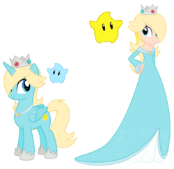 Size: 6000x5863 | Tagged: safe, artist:bubblestormx, alicorn, human, luma, pony, equestria girls, g4, absurd resolution, alicornified, barely eqg related, clothes, crossover, crown, dress, duality, ear piercing, earring, equestria girls style, equestria girls-ified, hair over one eye, jewelry, piercing, ponified, princess rosalina, regalia, rosalina, smiling, super mario bros., super mario galaxy, wingding eyes