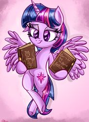 Size: 900x1231 | Tagged: safe, artist:daniel-sg, twilight sparkle, alicorn, pony, g4, anatomically incorrect, bipedal, book, book title humor, cthulhu mythos, female, hoof hold, incorrect leg anatomy, lidded eyes, looking at something, mare, robert w. chambers, smiling, solo, spread wings, the king in yellow, twilight sparkle (alicorn), wings