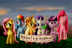 Size: 1024x683 | Tagged: safe, artist:everypone, applejack, fluttershy, pinkie pie, rainbow dash, rarity, twilight sparkle, alicorn, pony, g4, australia, bau, bronies australia, butt, crown, female, flying, mane six, mare, plot, twilight sparkle (alicorn), we couldn't fit it all in