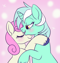 Size: 445x467 | Tagged: safe, artist:lulubell, bon bon, lyra heartstrings, sweetie drops, earth pony, pony, unicorn, g4, abstract background, blushing, female, hug, lesbian, ship:lyrabon, shipping, smiling, unshorn fetlocks