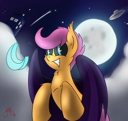 Size: 3465x3287 | Tagged: safe, artist:jorobro, scootaloo, bat pony, pony, g4, bat ponified, cloud, cloudy, doctor who, female, fluffy, flying, grin, high res, looking at you, moon, night, race swap, scootabat, smiling, solo, squee, tardis, ufo