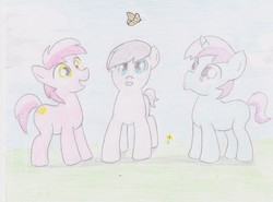 Size: 3258x2409 | Tagged: safe, artist:ponysubmarine, coronet, liza doolots, petunia, piña colada, tootsie flute, earth pony, pony, unicorn, g4, colt, foal, high res, horn, male, rule 63, traditional art