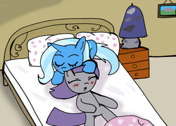 Size: 3328x2388 | Tagged: safe, artist:helsaabi, maud pie, trixie, pony, unicorn, g4, bed, ear bite, female, high res, lesbian, mare, ship:mauxie, shipping, sleeping